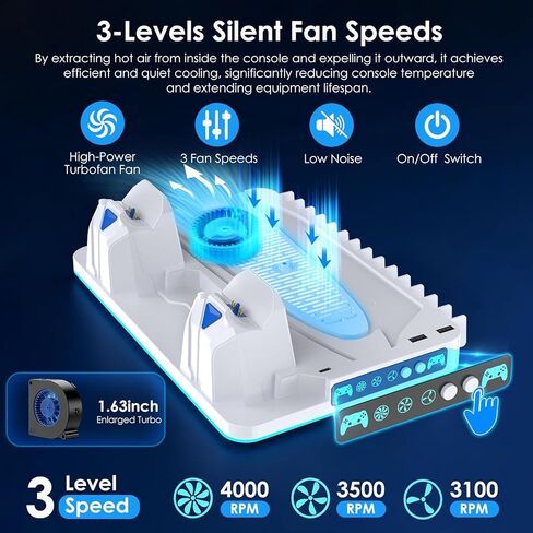 حامل PS5/Slim/Pro ومحطة تبريد مع محطة شحن وحدة تحكم مزدوجة لأقراص وحدة التحكم PlayStation 5 والرقمية، وشاحن وحدة تحكم PS5 ومروحة تبريد مع وحدة تخزين للألعاب، وحامل سماعة الرأس in Kuwait