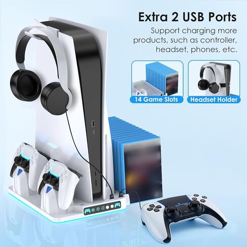 حامل PS5/Slim/Pro ومحطة تبريد مع محطة شحن وحدة تحكم مزدوجة لأقراص وحدة التحكم PlayStation 5 والرقمية، وشاحن وحدة تحكم PS5 ومروحة تبريد مع وحدة تخزين للألعاب، وحامل سماعة الرأس in Kuwait