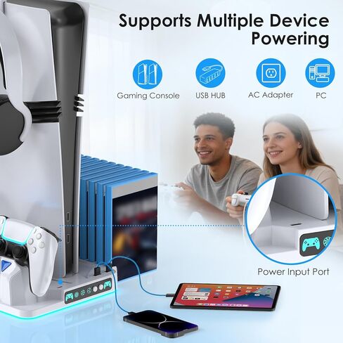 حامل PS5/Slim/Pro ومحطة تبريد مع محطة شحن وحدة تحكم مزدوجة لأقراص وحدة التحكم PlayStation 5 والرقمية، وشاحن وحدة تحكم PS5 ومروحة تبريد مع وحدة تخزين للألعاب، وحامل سماعة الرأس in Kuwait