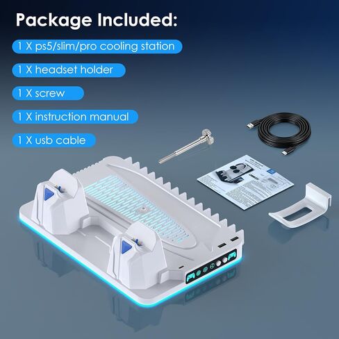 حامل PS5/Slim/Pro ومحطة تبريد مع محطة شحن وحدة تحكم مزدوجة لأقراص وحدة التحكم PlayStation 5 والرقمية، وشاحن وحدة تحكم PS5 ومروحة تبريد مع وحدة تخزين للألعاب، وحامل سماعة الرأس in Kuwait