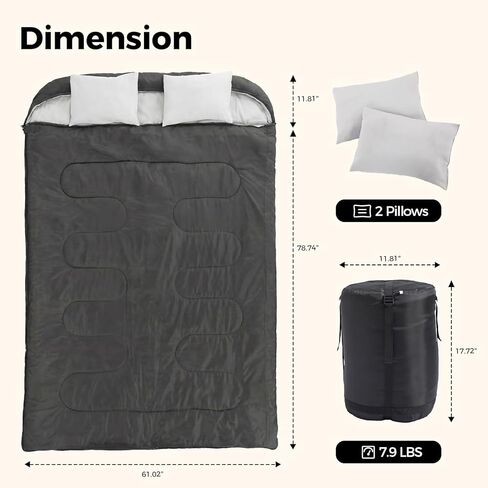 OLIXIS Double Sleeping Bag for Adults with Pillow, Lightweight Portable Large Sleeping Bag for 2 Person, Cold Weather & Warm Sleep Bag for 3 Seasons Backpacking, Camping, Hiking, Outdoor Adventure in Saudi Arabia