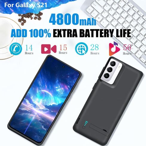 [حافظة بطارية مطورة لهاتف Samsung Galaxy S21 5G، حافظة شاحن بطارية ممتدة قابلة لإعادة الشحن بقدرة 4800 مللي أمبير في الساعة، أضف 100% عصير إضافي (6.2 بوصة) أسود in Kuwait