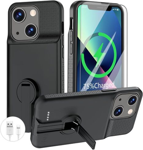 حافظة بطارية GIN FOXI لهاتف iPhone 13/13 Pro/14/14 Pro قابلة لإعادة الشحن مع حامل بقدرة 7000 مللي أمبير في الساعة، غطاء شاحن ممتد نحيف للغاية ومضاد للسقوط لهاتف 14/14Pro/13/13 Pro 6.1 بوصة أسود in Kuwait
