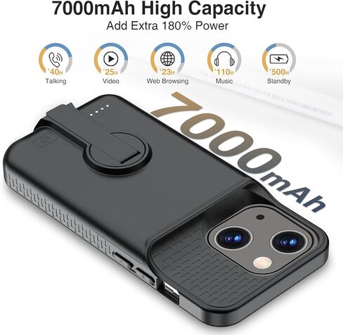 حافظة بطارية GIN FOXI لهاتف iPhone 13/13 Pro/14/14 Pro قابلة لإعادة الشحن مع حامل بقدرة 7000 مللي أمبير في الساعة، غطاء شاحن ممتد نحيف للغاية ومضاد للسقوط لهاتف 14/14Pro/13/13 Pro 6.1 بوصة أسود in Kuwait