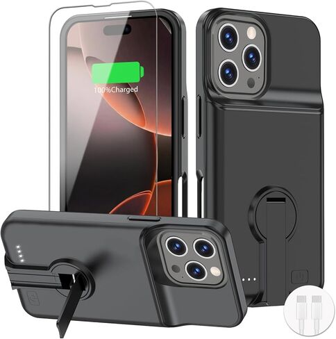 حافظة بطارية BOPPS لهاتف iPhone 16 Pro مع حامل، غطاء شاحن ممتد وقوي ونحيف بقدرة 8500 مللي أمبير في الساعة قابل لإعادة الشحن لهاتف iPhone 16 Pro، أسود in Kuwait