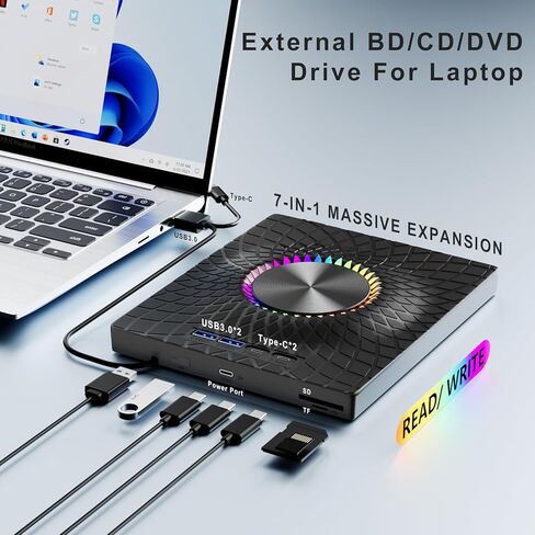 محرك أقراص Blu-ray خارجي، ناسخ أقراص Bluray/DVD/CD 7 في 1 مع إضاءة محيطة RGB، قرص R/W سعة 100 جيجا، محور USB 3.0/Type-C لنظام التشغيل Windows/Mac/Linux in Kuwait