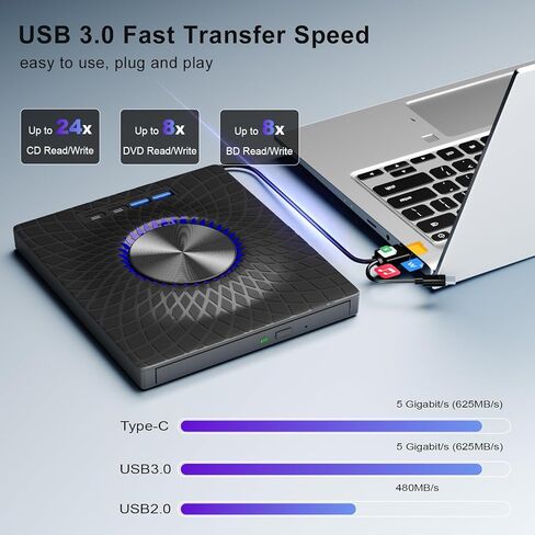 محرك أقراص Blu-ray خارجي، ناسخ أقراص Bluray/DVD/CD 7 في 1 مع إضاءة محيطة RGB، قرص R/W سعة 100 جيجا، محور USB 3.0/Type-C لنظام التشغيل Windows/Mac/Linux in Kuwait