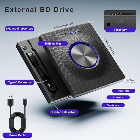 محرك أقراص Blu-ray خارجي، ناسخ أقراص Bluray/DVD/CD 7 في 1 مع إضاءة محيطة RGB، قرص R/W سعة 100 جيجا، محور USB 3.0/Type-C لنظام التشغيل Windows/Mac/Linux in Kuwait