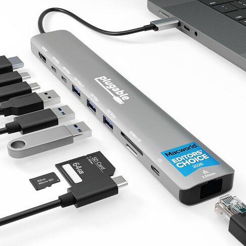 Plugable USB C Hub: 10-in-1 Multiport Adapter (8K/4K 144Hz HDMI 2.1, 2.5G Ethernet, 140W Charging, 10Gbps Data) Driverless IT Deployment for MacBook Pro/Air Windows Thunderbolt Chromebook, USBC-10IN1E in Saudi Arabia