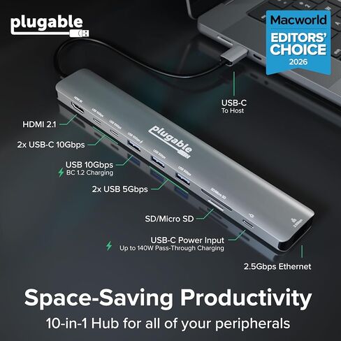 Plugable USB C Hub: 10-in-1 Multiport Adapter (8K/4K 144Hz HDMI 2.1, 2.5G Ethernet, 140W Charging, 10Gbps Data) Driverless IT Deployment for MacBook Pro/Air Windows Thunderbolt Chromebook, USBC-10IN1E in Saudi Arabia