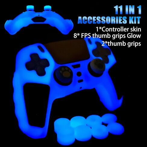Blue Glow in the Dark Silicone Protective Case for PS5 Controller, Anti-Slip Thick Soft Cover, Includes 8-in-1 Thumb Grip Caps + 2 Cat Paw Caps – Ergonomic Shockproof in Saudi Arabia