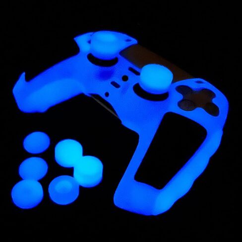 Blue Glow in the Dark Silicone Protective Case for PS5 Controller, Anti-Slip Thick Soft Cover, Includes 8-in-1 Thumb Grip Caps + 2 Cat Paw Caps – Ergonomic Shockproof in Saudi Arabia