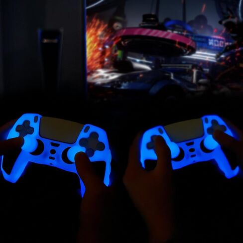 Blue Glow in the Dark Silicone Protective Case for PS5 Controller, Anti-Slip Thick Soft Cover, Includes 8-in-1 Thumb Grip Caps + 2 Cat Paw Caps – Ergonomic Shockproof in Saudi Arabia