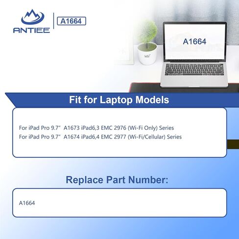 A1664 Tablet Battery for Apple iPad Pro 9.7" (2016, Wi-Fi/Cellular) A1673 A1674 A1675 020-00823 MLMW2LL/A MLN02LL/A MLMN2LL/A MLMV2LL/A MLMY2LL/A MLMQ2LL/A MM192LL/A MLMX2LL/A MLN12LL/A 7306mAh in Saudi Arabia