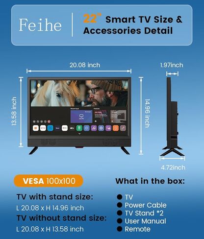 تلفزيون ذكي صغير مقاس 22 بوصة بدقة Full HD 1080p | تلفزيون ذكي للمطبخ، تلفزيون بشاشة مسطحة مع مكبرات صوت ستيريو مزدوجة عالية، عرض بزاوية 178 درجة وواي فاي (22 بوصة) in Kuwait