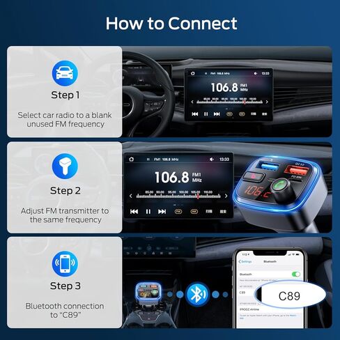 محول سيارة بلوتوث 5.4، جهاز إرسال FM لاسلكي مع مشغل باس عميق، محول بلوتوث شحن سريع 48 وات للسيارة، استقبال المكالمات والصوت بدون استخدام اليدين، مشغل موسيقى MP3، دعم محرك USB in Saudi Arabia