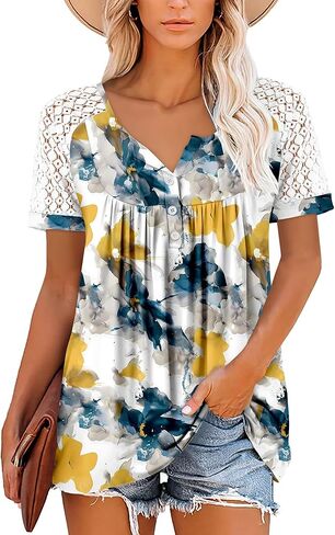 Mystry Zone Womens Henley V Neck Casual Blouse Button Down T Shirts Flare and Flowy Tops in Kuwait
