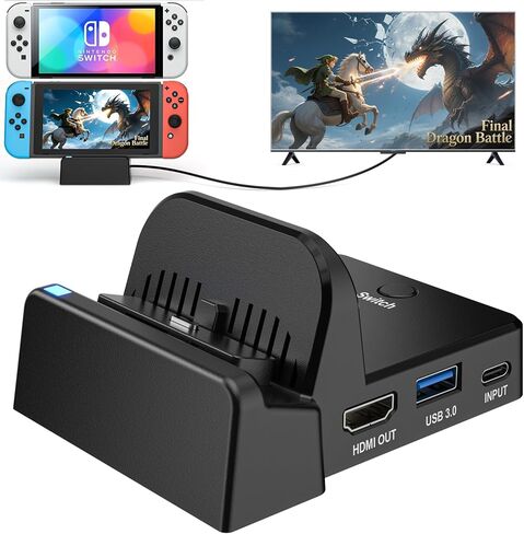 محطة إرساء تلفزيون VIXLW لجهاز نينتندو سويتش/OLED، محطة شحن تلفزيون محمولة مع محول HDMI 4K/منفذ بيانات من النوع C/منفذ USB 3.0، بديل لمنصة نينتندو سويتش الرسمية in Kuwait