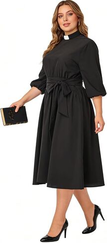 Church Dresses for Women Vintage Audrey Hepburn Style Tab Collar Swing Midi Dress 3/4 Puff Sleeve with Long Belt in Kuwait