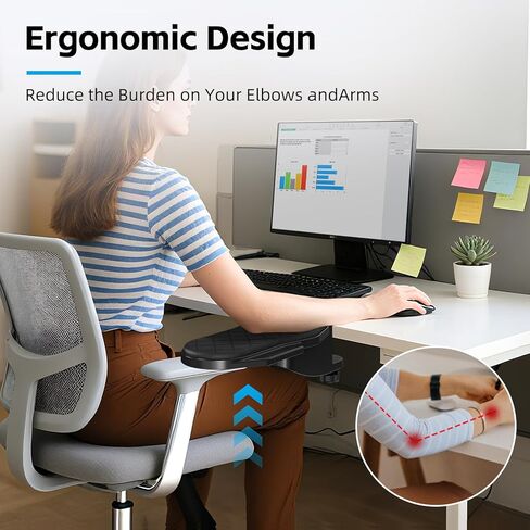 صينية تمديد مكتب CABTE Ergonomics، رف مسند ذراع للمعصم على الطاولة، دعم ذراع الكوع الدوار 180 درجة، صينية تمديد مكتب الكمبيوتر للمنزل والمكتب (أسود - دوار) in Kuwait