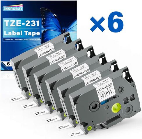 TZE-231 متوافق مع شريط Brother Label Maker 12 مم 0.47 مصفح أسود على أبيض بديل لشريط TZ TZE TZE231 1/2 بوصة × 8 متر لشريط P Touch PT-D220 D220 PT-D210 PT-H110 PT-D200 PT-D400 D410 (6 عبوات) in Kuwait