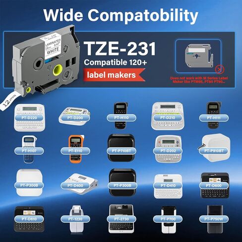 TZE-231 متوافق مع شريط Brother Label Maker 12 مم 0.47 مصفح أسود على أبيض بديل لشريط TZ TZE TZE231 1/2 بوصة × 8 متر لشريط P Touch PT-D220 D220 PT-D210 PT-H110 PT-D200 PT-D400 D410 (6 عبوات) in Kuwait