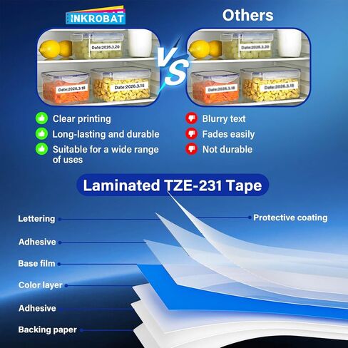 TZE-231 متوافق مع شريط Brother Label Maker 12 مم 0.47 مصفح أسود على أبيض بديل لشريط TZ TZE TZE231 1/2 بوصة × 8 متر لشريط P Touch PT-D220 D220 PT-D210 PT-H110 PT-D200 PT-D400 D410 (6 عبوات) in Kuwait