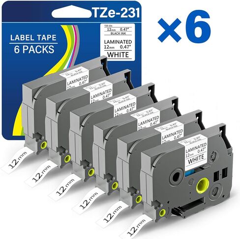 TZE-231 Compatible for Brother Label Maker Tape 12mm 0.47 Laminated Black on White 1/2" x 8m Replacement for TZ TZE TZE231 Tape for P Touch PT-D220 D220 PT-D210 PT-H110 PT-D200 PT-D400 D410 (6 Packs) in Saudi Arabia