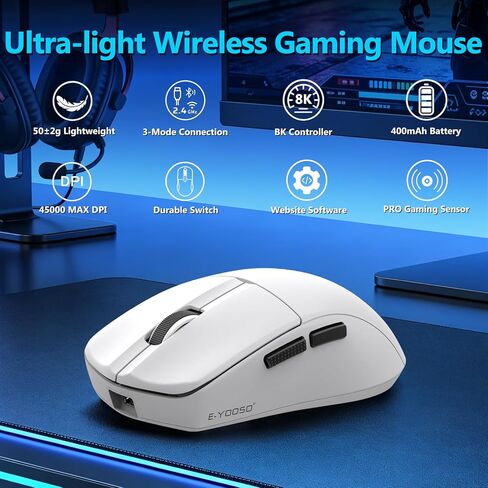 HUO JI E-YOOSO Wireless Gaming Mouse, 8KHz Polling Rate, 50–45000 DPI Adjustable, Bluetooth/2.4G/USB-C Wired, Ultralight 50g, 5 Programmable Buttons, Rechargeable, for PC/Mac/Linux/Xbox – White in Saudi Arabia