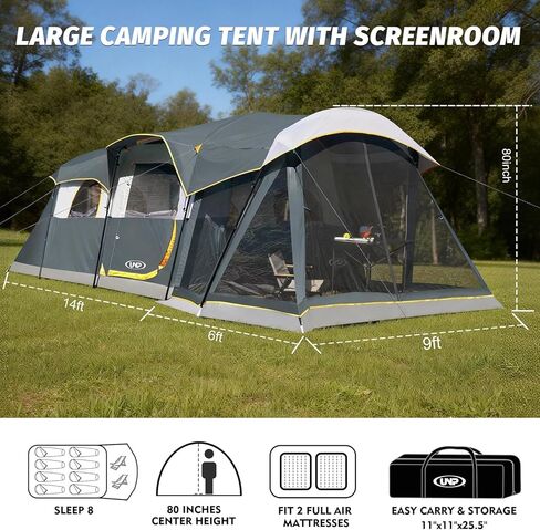 UNP Camping Tent 8 Person Waterproof Big Tunnel Tent with Screen Porch,Family Outdoor Large Tents for Camping 20' x 9' x 80in(H) in Saudi Arabia