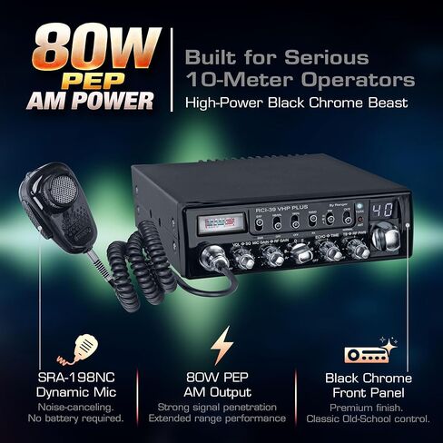 Ranger RCI-39VHP Plus 10 Meter Amateur Radio 80W PEP High Power AM Mode SRA-198NC Noise Cancelling Mic Black Chrome Front Panel Auto SWR & LED Warning Alert Echo, Talkback & Big Heatsink in Saudi Arabia