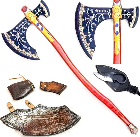 فأس معركة Kraatos War Axe Viking، فأس طبق الأصل - أداة دعامة فأس مصنوعة يدويًا من الفولاذ المقاوم للصدأ مع فأس فايكنغ، مقبض من الخشب الصلب Skarde، هدية رجالية Seax in Kuwait