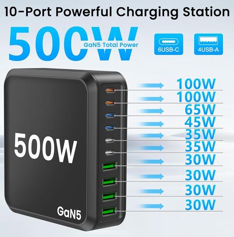 USB C Charging Station, 500W USB C Charger Block 10 Port Fast Charger 100W PD USB-C Charging Station Hub for MacBook Pro/Air/iPad Pro/iPhone 17e/17/16/15/14/13/Pro Max/Samsung Galaxy Note (Black) in Saudi Arabia