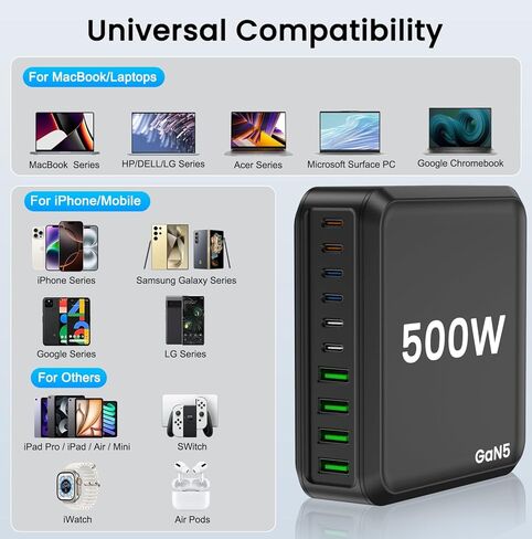 USB C Charging Station, 500W USB C Charger Block 10 Port Fast Charger 100W PD USB-C Charging Station Hub for MacBook Pro/Air/iPad Pro/iPhone 17e/17/16/15/14/13/Pro Max/Samsung Galaxy Note (Black) in Saudi Arabia