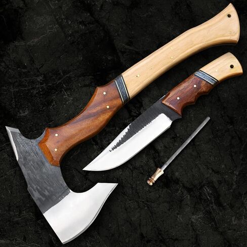مجموعة سكين رمي فأس توماهوك وسكين بوشكرافت من EdgeLandKnives®، فأس رمي توماهوك شديد التحمل من الفولاذ D2 ومجموعة سكاكين بوشكرافت مع غمد جلدي، مجموعة مثالية للرجال في الهواء الطلق EL90 in Kuwait