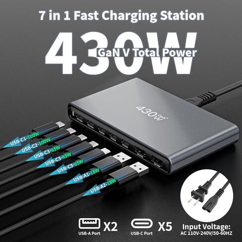 GaN5 430W USB C Charger Block Charging Station,Apple 7 Port Fast Charging Block with Dual 100W USBC Multiport Adapter TypeC & USBA Desktop Charger for iPhone17/16/15/14/13/Pro Max/MacBook Pro/Air/iPad in Saudi Arabia