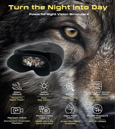 Grey Bear Night Vision Goggles PRO 2, 9X Magnification Infrared Binoculars for Adults, FHD 60FPS Video (REAL*) to Capture Fast Motion, No-Glare IR, 32GB - Hunting, Camping, Hiking, Security (NVB-200F) in Saudi Arabia