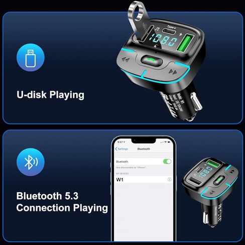 محول سيارة بلوتوث، محول راديو لاسلكي USB C شاحن سيارة جهاز إرسال MP3 FM، يدعم قرص U/الاتصال بدون استخدام اليدين in Kuwait