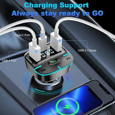 محول سيارة بلوتوث، محول راديو لاسلكي USB C شاحن سيارة جهاز إرسال MP3 FM، يدعم قرص U/الاتصال بدون استخدام اليدين in Kuwait