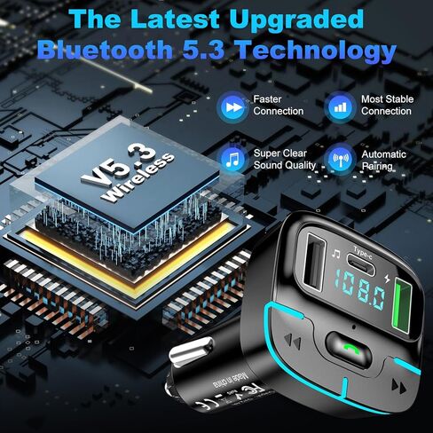 محول سيارة بلوتوث، محول راديو لاسلكي USB C شاحن سيارة جهاز إرسال MP3 FM، يدعم قرص U/الاتصال بدون استخدام اليدين in Kuwait