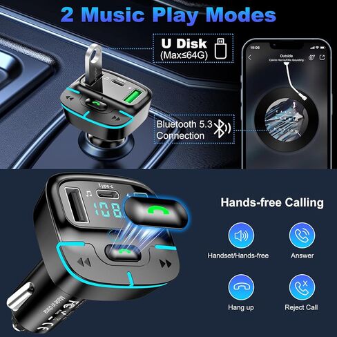 محول سيارة بلوتوث، محول راديو لاسلكي USB C شاحن سيارة جهاز إرسال MP3 FM، يدعم قرص U/الاتصال بدون استخدام اليدين in Kuwait