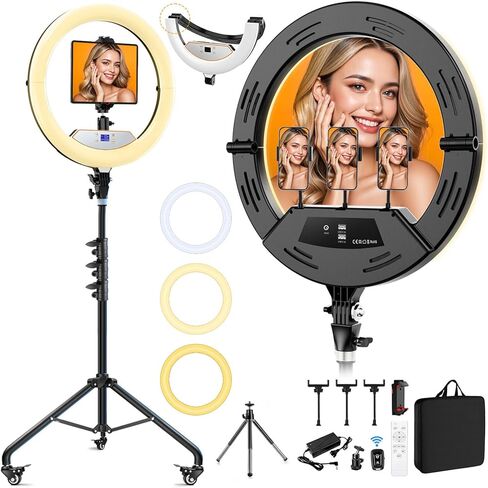 22" Foldable Ring Light with Stand 75" Tripod & Lockable Wheel/LED Display, for Live Tattoo Makeup Video Recording Barber Photography in Saudi Arabia