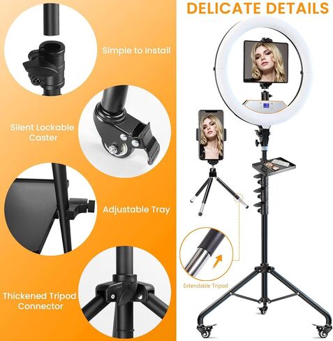 22" Foldable Ring Light with Stand 75" Tripod & Lockable Wheel/LED Display, for Live Tattoo Makeup Video Recording Barber Photography in Saudi Arabia