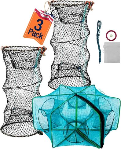 3 Pack Collapsible Hexagon Crab Trap, Cylindrical Crawfish & Bait Trap 12"x21" with 1" Entry Holes, Lobster Shrimp Minnow Net, Portable Foldable Galvanized Steel Traps in Saudi Arabia