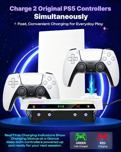 حامل جداري لوحدة تحكم PS5/PS5 Slim/PS5 Pro، محطة شحن وحدة تحكم مزدوجة مع حامل سماعة رأس، قاعدة إضاءة RGB، متوافقة مع الأقراص والإصدارات الرقمية، منظم ألعاب موفر للمساحة in Saudi Arabia