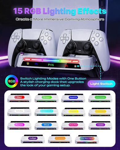 حامل جداري لوحدة تحكم PS5/PS5 Slim/PS5 Pro، محطة شحن وحدة تحكم مزدوجة مع حامل سماعة رأس، قاعدة إضاءة RGB، متوافقة مع الأقراص والإصدارات الرقمية، منظم ألعاب موفر للمساحة in Saudi Arabia