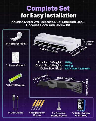 حامل جداري لوحدة تحكم PS5/PS5 Slim/PS5 Pro، محطة شحن وحدة تحكم مزدوجة مع حامل سماعة رأس، قاعدة إضاءة RGB، متوافقة مع الأقراص والإصدارات الرقمية، منظم ألعاب موفر للمساحة in Saudi Arabia