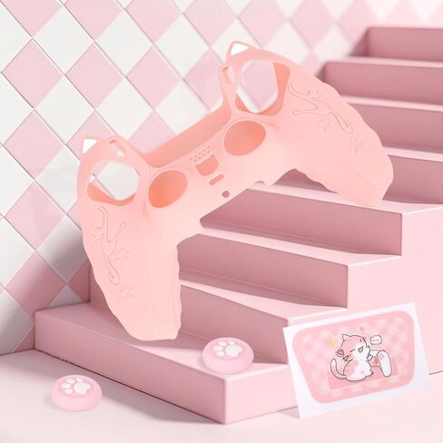 Pink Controller Skin Set for PS5, Cute Cat Paw Anti-Slip Silicone Cover Case for PS5 Wireless Controller Accessories Protective Shell with Thumb Grips & Touchpad Sticker, Girls Gamer Gifts in Saudi Arabia