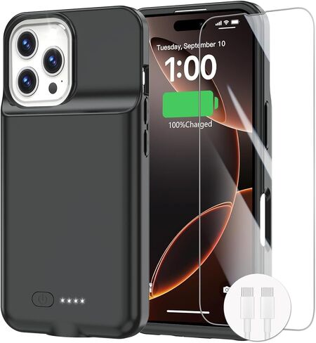 حافظة بطارية GIN FOXI لهاتف iPhone 16 Pro، حافظة شحن 8500 مللي أمبير قابلة لإعادة الشحن، حافظة نحيفة للغاية وخفيفة الوزن بقدرة 15 وات، صندوق عصير TPU مضاد للسقوط لهاتف iPhone 16 Pro (6.3 بوصات) أسود in Kuwait