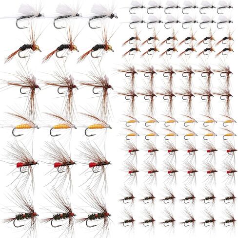 Outus 90 Pcs Fly Fishing Flies Kit Assortment for Trout Bass Salmon - Hand Tied Dry Wet Nymph Streamer Flies Set with 6 Classic Patterns & Sizes #10#12#14, Fly Box Refill Fishing Lures Sets Tackle in Saudi Arabia